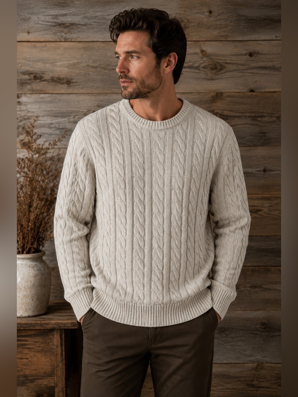 St John’s Bay Cable Knit Sweater Men’s XL Ivory Beige Cotton Chunky Fisherman
